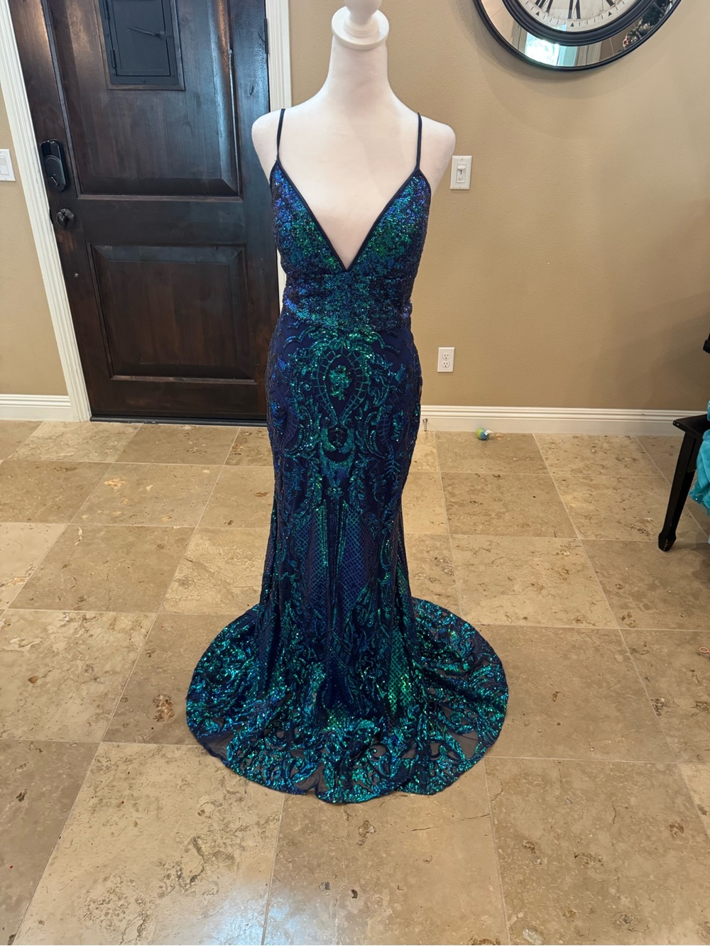 Johnathan Kayne Teal and Navy Sequin Mermaid Gown